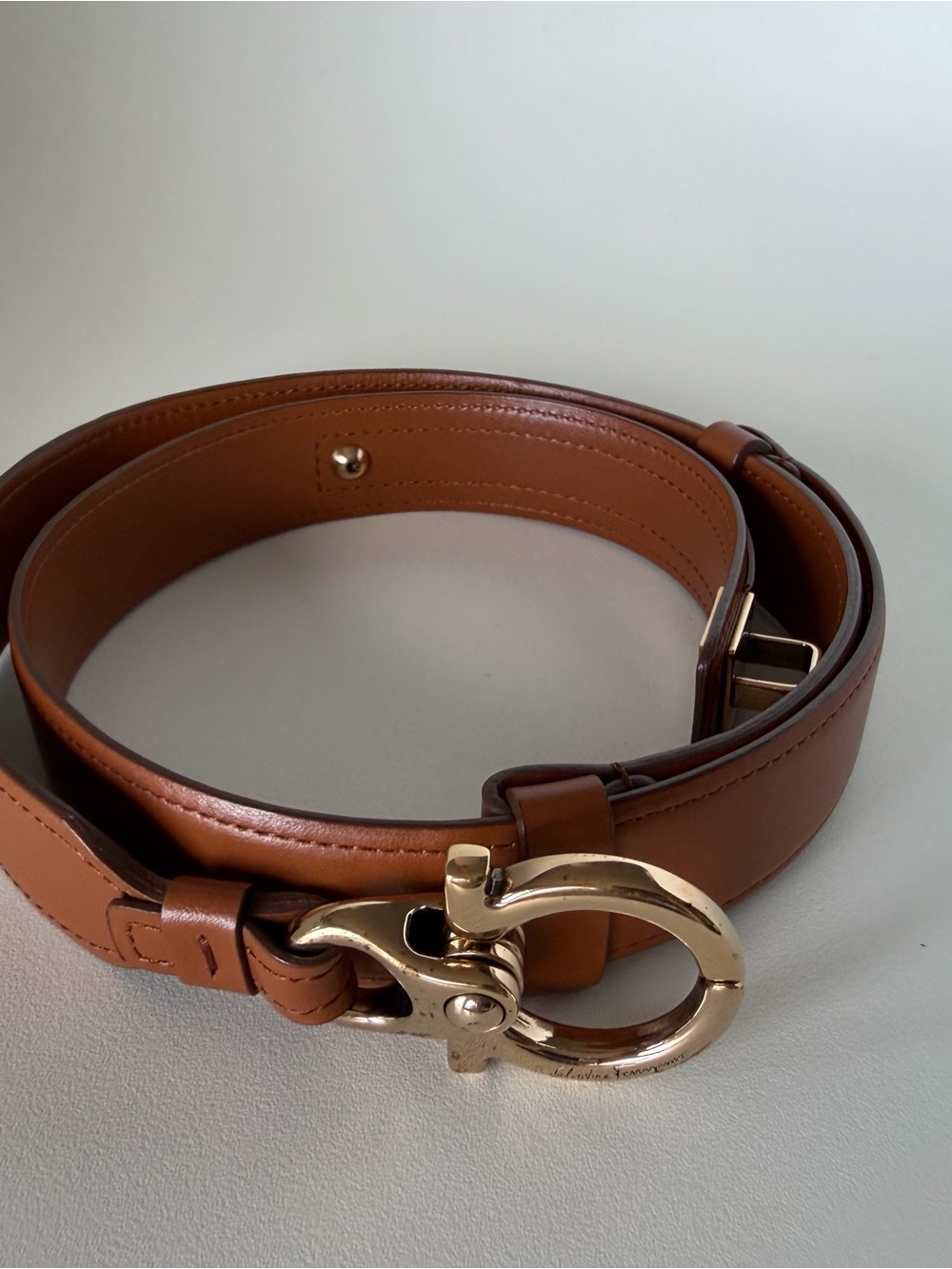 Ferragamo Tan Leather Belt with Gold Buckle
